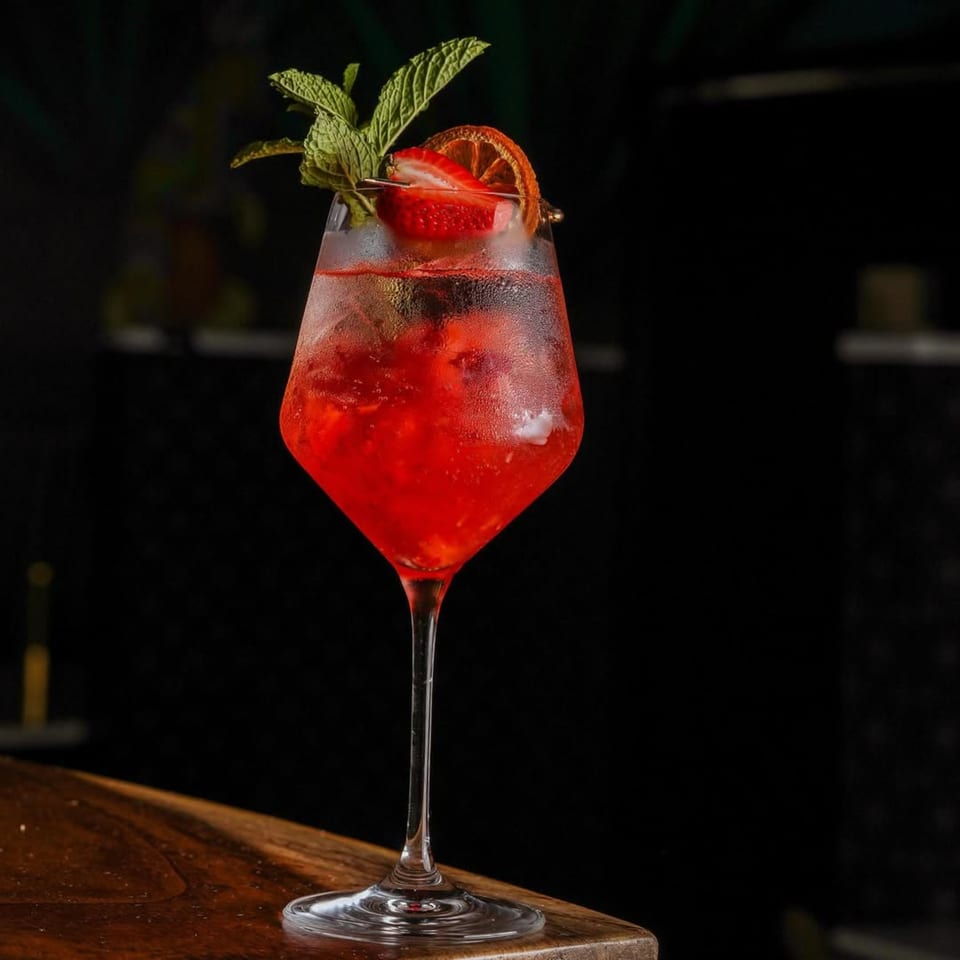 A vibrant red Mezcal cocktail in a wine glass, garnished with mint, strawberry, and dried orange.